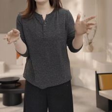 批发92涤8氨纶<b class='q'>大码</b>女装纽扣V领套头长袖T恤春秋季胖MM时尚简约风上衣