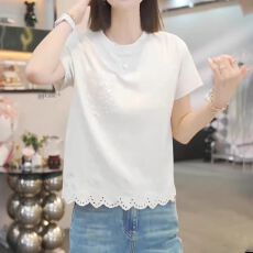 批发92棉8氨纶<b class='q'>大码</b>设计感蕾丝纯棉短袖T恤女2026夏装新款时尚套头上衣