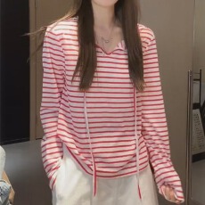 批发35棉35人棉30涤百搭设计感V领长袖打底修身显瘦<b class='q'>T</b><b class='q'>恤</b>减龄韩版上衣女