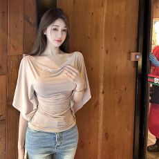 批发95人棉+5氨纶复古一字肩五分<b class='q'>袖</b>上衣女百搭显瘦辣妹喇叭<b class='q'>袖</b>褶皱<b class='q'>T</b><b class='q'>恤</b>