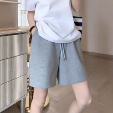 批发50人棉45涤纶5氨纶休闲运动灰色四分<b class='q'>裤</b>子2026夏新款胖mm阔腿短<b class='q'>裤</b>