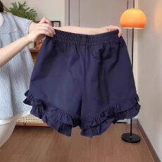 批发100%涤纶高腰休闲短裤女夏大码微胖mm显瘦小个子木耳边小众热裤子