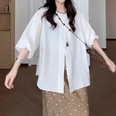 批发大码<b class='q'>胖</b><b class='q'>mm</b>高级感气质透气轻薄短袖衬衫女夏季新款宽松显瘦别致上衣