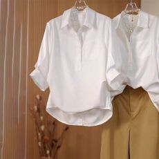 批发100棉气质白色短袖衬衫女夏季大码<b class='q'>胖</b><b class='q'>MM</b>收腰设计感后背开叉衬衣