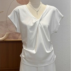 批发92棉8氨纶大码设计感小众V领短袖女夏季<b class='q'>胖</b><b class='q'>MM</b>褶皱百搭掐腰上衣