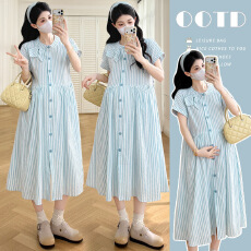 实拍現货 夏季新款小清新甜美条纹蓝白提花蝴蝶结连衣裙