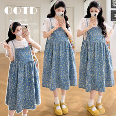 实拍现现 夏季新款小清新碎花牛仔吊带连衣裙白色蕾丝T恤套装