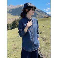 批发蓝色小马刺绣木耳边牛仔衬衫2026春季独特独特漂亮别致超好看上衣