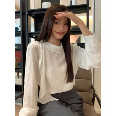 批发文然WENRAN 白色飘带领薄款内搭单穿衬衫女春秋长袖通勤<b class='q'>休闲</b>衬衣