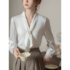 批发飘带白色衬衫<b class='q'>女长袖</b>春秋垂感抗皱职业正装西装裤面试套装女士衬衣