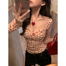 批发馨帮帮   元气少女红色小爱心方领蝴蝶结薄款修身长袖漂亮<b class='q'>小衫</b>T恤