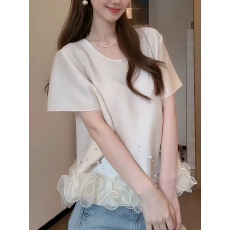 批发含奇轩精致重工钉珠网纱荷叶边装饰拼接设计感高品质<b class='q'>短袖</b>T恤上衣