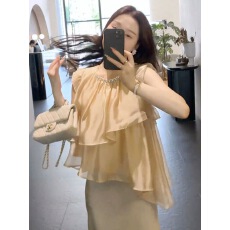 批发<b class='q'>欧根纱</b>无袖背心T恤女夏季法式掐腰小衫不规则坎肩娃娃衫短款<b class='q'>上衣</b>