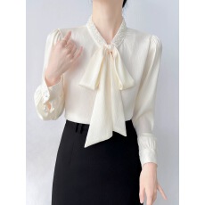 批发韩帛雅蝴蝶结飘带珍珠镶钻v领<b class='q'>衬衫</b>女法式气质长袖缎面肌理感上衣