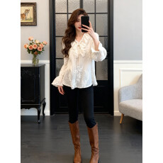 批发法式温柔风娃娃领长袖刺绣衬衫女2026年春季新款白色系带显瘦上衣