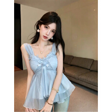 批发甜美蝴蝶结荷叶边V领抹胸<b class='q'>吊带</b><b class='q'>背心</b>女薄款压褶收腰显瘦无袖上衣夏
