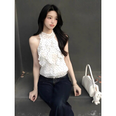 批发法式高级感气质挂脖系带露肩波点<b class='q'>背心</b>女春季2026小众收腰短款上衣