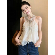 批发法式烫钻网纱拼接挂脖<b class='q'>吊带</b><b class='q'>背心</b>女夏季设计感小众高级感荷叶边上衣