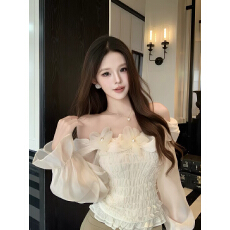 批发一字肩立体花朵<b class='q'>长袖</b>衬衫女春季荷叶边收腰法式衬衣温柔风修身上衣