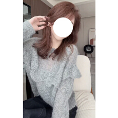 批发灰色马海毛木耳边套头<b class='q'>毛衣</b>女秋冬小个子设计感韩系宽松慵懒风上衣