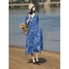批发2026春夏新款轻奢苎麻和服式<b class='q'>连衣裙</b>印花过膝宽松复古蓝色花裙子