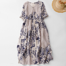 批发2026新款春夏季女装高端苎麻和服式<b class='q'>连衣裙</b>印花宽松复古裙子