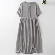 批发2026苎麻混纺打条纯色<b class='q'>连衣裙</b>女春夏季新款气质宽松长裙