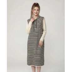 批发条纹连帽针织连衣裙女 春秋假两件长袖<b class='q'>中长款</b>宽松显瘦休闲卫