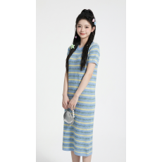 批发春夏蓝黄条纹提花针织<b class='q'>连衣裙</b> 圆领短袖显瘦直筒中长裙