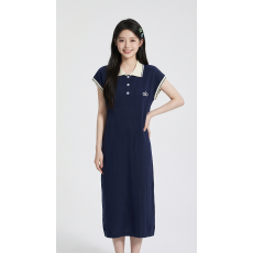 批发夏季新款 藏青撞色 POLO 领针织<b class='q'>连衣裙</b> 宽松显瘦字母刺绣休闲 裙