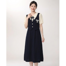 批发藏青色假两件学院风针织连衣裙女  POLO 领蝴蝶结宽松显瘦中长款