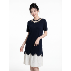 批发藏青色针织<b class='q'>连衣裙</b>女夏季民族风领饰珍珠波浪边宽松显瘦中长款