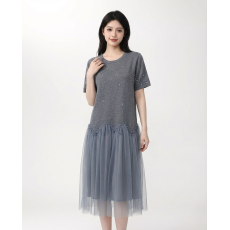 批发灰色钉珠网纱拼接针织连衣裙女 夏季圆领宽松显瘦<b class='q'>中长款</b> T 恤裙