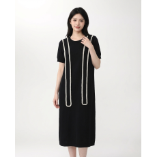 批发藏青色假两件飘带针织连衣裙夏季圆领撞色宽松显瘦<b class='q'>中长款</b> T 恤裙