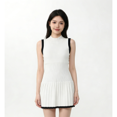 批发夏季半高领无袖针织背心<b class='q'>连衣裙</b>黑白撞色<b class='q'>收腰</b>百褶 A 字短款学院风