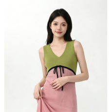 批发夏季牛油果绿粉撞色 V 领无袖针织连衣裙女 抽绳系带镂空提花<b class='q'>修身</b>