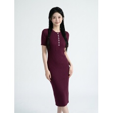 批发亨利领短袖针织连衣裙女 修身显瘦气质<b class='q'>中长款</b>包臀裙