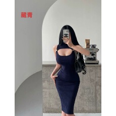 批发辣妹风小心机挖空针织裙 气质修身坑条弹力包臀<b class='q'>背心</b>长裙