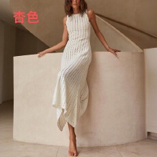 圆领镂空针织无袖连衣裙女 修身显瘦度假风背心长裙