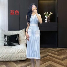 批发蓝白条纹 Polo 领针织无袖连衣裙女 收腰显瘦小香风气质长裙