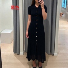 批发通勤度假风针织长裙 多色可选翻领单排扣收腰显瘦镂空连衣裙