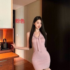 批发黑白撞色方领针织连衣裙女 收腰显瘦弹力包臀<b class='q'>短袖</b>纯欲风短裙