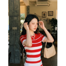 批发<b class='q'>复古</b>红白条纹短袖针织<b class='q'>连衣裙</b>女 修身收腰弹力包臀短款辣妹短裙