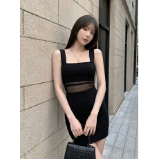 批发宽方领双<b class='q'>网纱</b>腰镂空黑色竖坑针织吊带短裙女修身辣妹包臀<b class='q'>连衣裙</b>