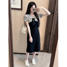 批发灰黑撞色木耳边蝴蝶结连衣裙女夏季宽松显瘦学院风中长款 T 恤裙