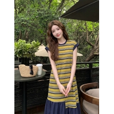 批发撞色包边条纹无袖连衣裙女 不规则拼接荷叶摆宽松<b class='q'>休闲</b>长款背心裙