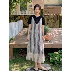 批发假两件圆领短袖蕾丝吊带连衣裙女 宽松镂空条纹罩衫中长款裙子