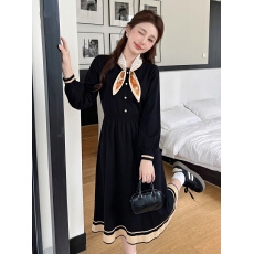 批发复古丝巾领收腰针织<b class='q'>连衣裙</b>女珍珠扣撞色荷叶边<b class='q'>灯笼</b>袖中长款毛衣裙