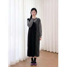 批发设计感撞色格纹拼接针织连衣裙女秋冬宽松圆领长袖长款<b class='q'>气质</b>毛衣裙