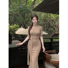 批发半高领网纱透视拼接针织连衣裙女中袖收腰绑带修身包臀<b class='q'>长裙</b>